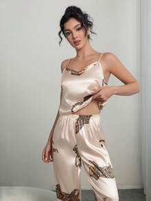 2pcs Leopard Print Comfortable V-Neck Camisole & Pants Pajama Set - Champagne - View 7