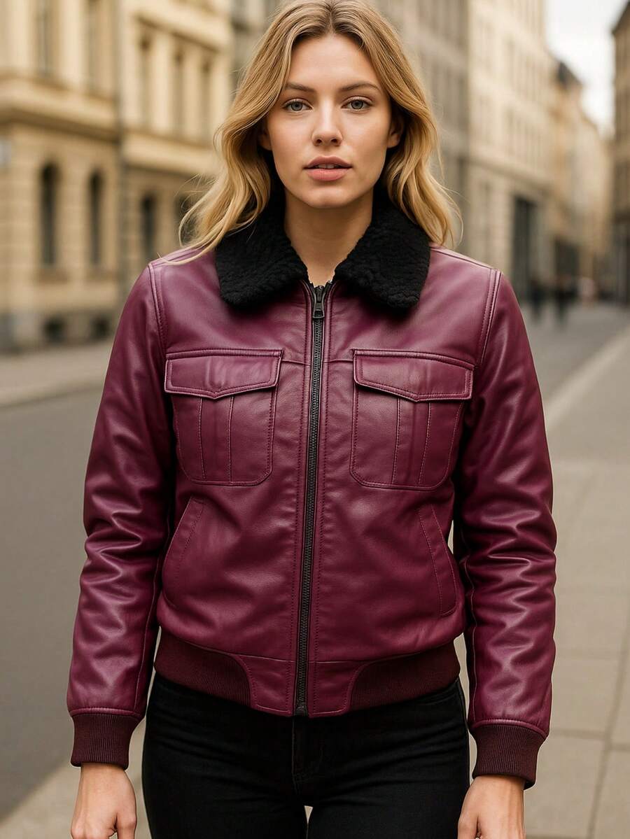 Chamarra Chaqueta de Vinipiel para Mujer con Cuello de Borrega Interior Acolchado de Peluche Bolsillos Laterales con cremallera Estilo Casual Urbano Moda - Vino - Ver 1