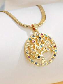 Stainless Steel Flat Chain Necklace With Crystal Tree Of Life Heart Design, Creative Vintage Minimalist Style Unisex Pendant Necklace, Suitable For Couples, Daily Wear, Work And Travel