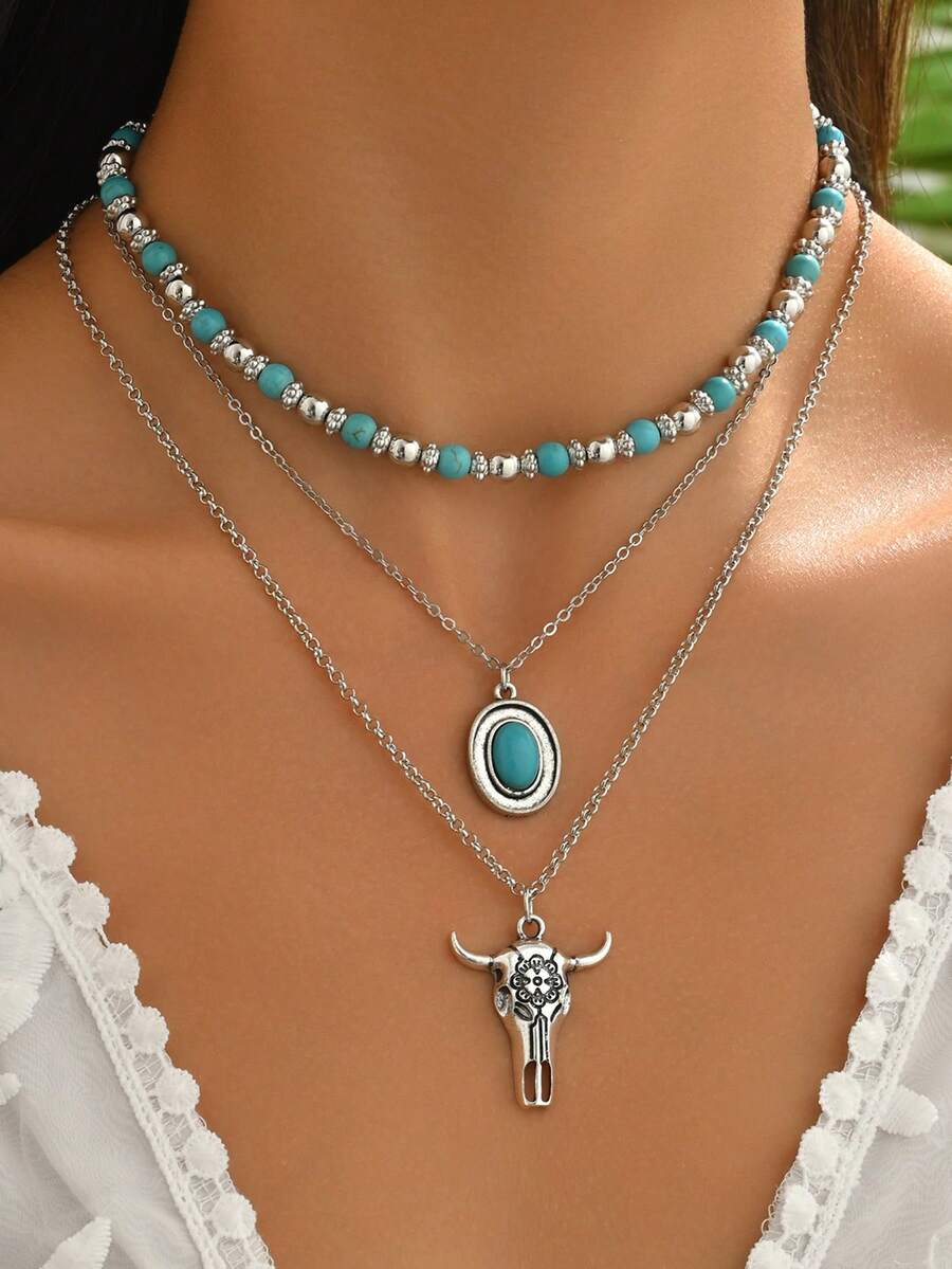 3pcs/Set Western Country Retro Style Necklace Set, Vintage Turquoise Bull Head Pendant Necklaces, Suitable For Daily Wear, Party, Holiday And Travel - Multicolor - View 1