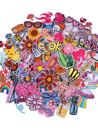 20pcs/30pcs/50pcs/70pcs/Random Pink Star, Flame, Crown, Bow, Daisy, Cross, Letter Embroidered Iron-On Patches, Suitable For DIY Clothing And Accessories - Hats, Jeans, Jackets Etc. Cute Cartoon Embroidered Appliques