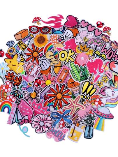 20pcs/30pcs/50pcs/70pcs/Random Pink Star, Flame, Crown, Bow, Daisy, Cross, Letter Embroidered Iron-On Patches, Suitable For DIY Clothing And Accessories - Hats, Jeans, Jackets Etc. Cute Cartoon Embroidered Appliques