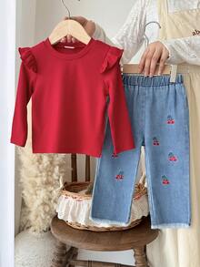 2 件女婴盖袖长袖 T 恤和樱桃刺绣直筒牛仔裤，复古街头可爱装扮，适合外出、居家、派对 - 紅色 - 查看 10