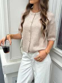 FOR BEAUTY Spring/Summer New Coffee Color Round Neck Short Sleeve Button Knit Top, Minimalist Elegant Commute Casual Cardigan, New Year - Brown - View 7