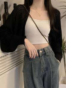 女士针织罩衫，轻薄夏季披肩短款罩衫外套，黑色，春季款 - 黑色 - 查看 3