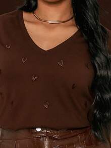 SILK ROUTE Women's V-Neck Blouse With Heart Embroidery, 100% Cotton. - 鏽棕色 - 查看 2