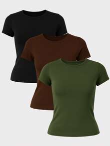 Kit 3 Women's Basic Double Suplex Blouse Elegant High Compression Blogger For Gym - 軍綠色,棕色和黑色 - 查看 1