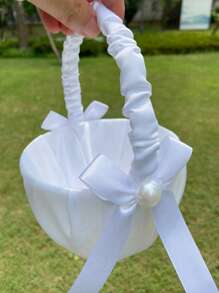 1pc White Petal Basket, Satin Bow Flower Basket, Suitable For Wedding