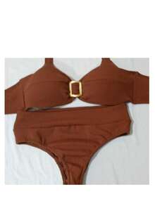 Plus Size Bikini With Gold Detail Simple Elegant Casual Beach - Rust Brown - View 3
