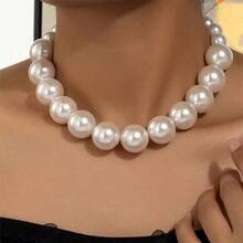 1 件简约优雅的人造珍珠项链，适合任何场合的女性（珍珠表面有轻微瑕疵） - 白色 - 查看 3