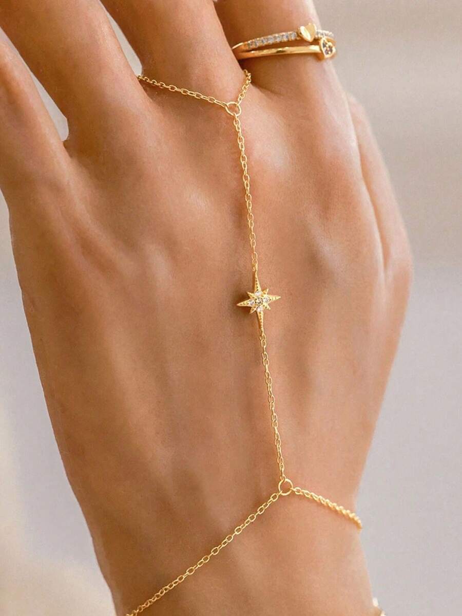 Set de 2 cadenas de mano de lujo minimalistas, diseño único de anillo de dedo con estrella de seis puntas enlazada - Dorado - Ver 1
