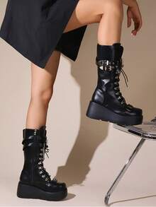 Goth Platform Boots For Women Back To School Punk Motorcycle Boots Mid Calf Round Toe Boots Back Zip Wedges Fall Boots - Black - View 4