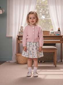 Kids Fall Knit Cardigan Long Sleeve Solid Color Button Down Warm Winter Sweater For Girls Boys - 粉色 - 查看 2