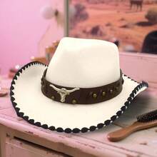 New Western Cowboy Hat With Faux Cowhide Leather Band, Stylish Wide Brim Vintage Boho Hat For Men  Women - Beige - View 4