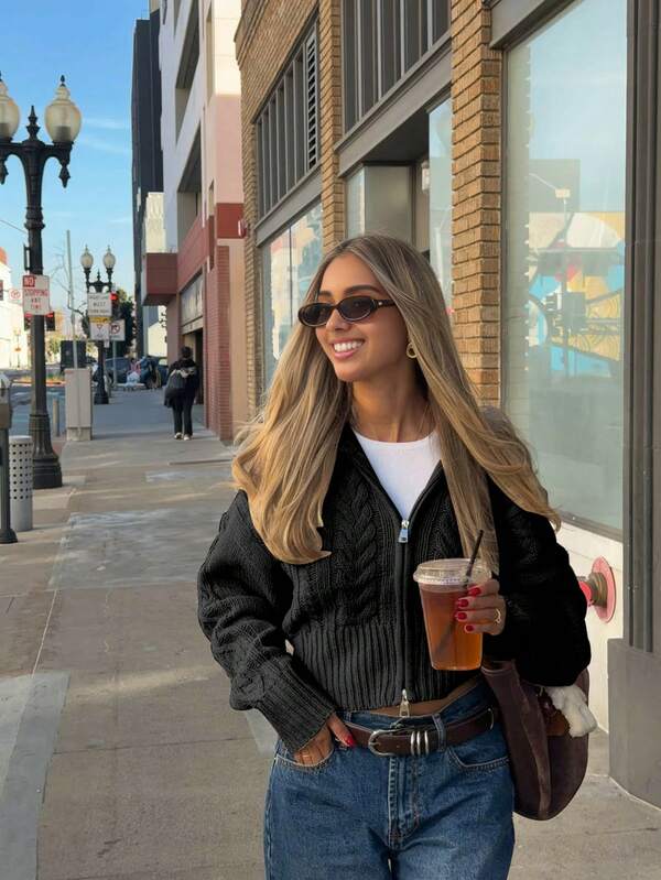 Senya Otoño e Invierno Nuevo Vintage Solapa Grande Doble Cremallera Punto Trenzado Cárdigan, Corto Uso Diario Desplazamiento Negro Otoño