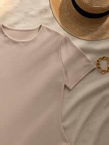 Women's Elegant Suplex Bodysuit With Lining, Short Sleeves, Perfect Fit, Versatile Fashion, Minimalist Look, Casual Chic Style For Summer, Simple, Casual, Elegant, Knitted, Backless - 米色 - 查看 2