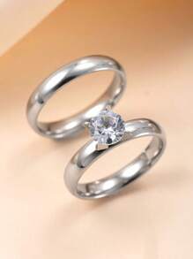 2 Stücke/Set einfache 4MM Zirkonia Dekor Edelstahl Ring für Frauen