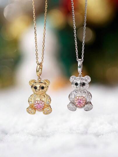 1 pièce Pendentif ours vintage élégant et mignon en argent sterling S925 avec pierre en zircone. Collier polyvalent de style Ins, convient pour le port quotidien des femmes, cadeau pour les fêtes