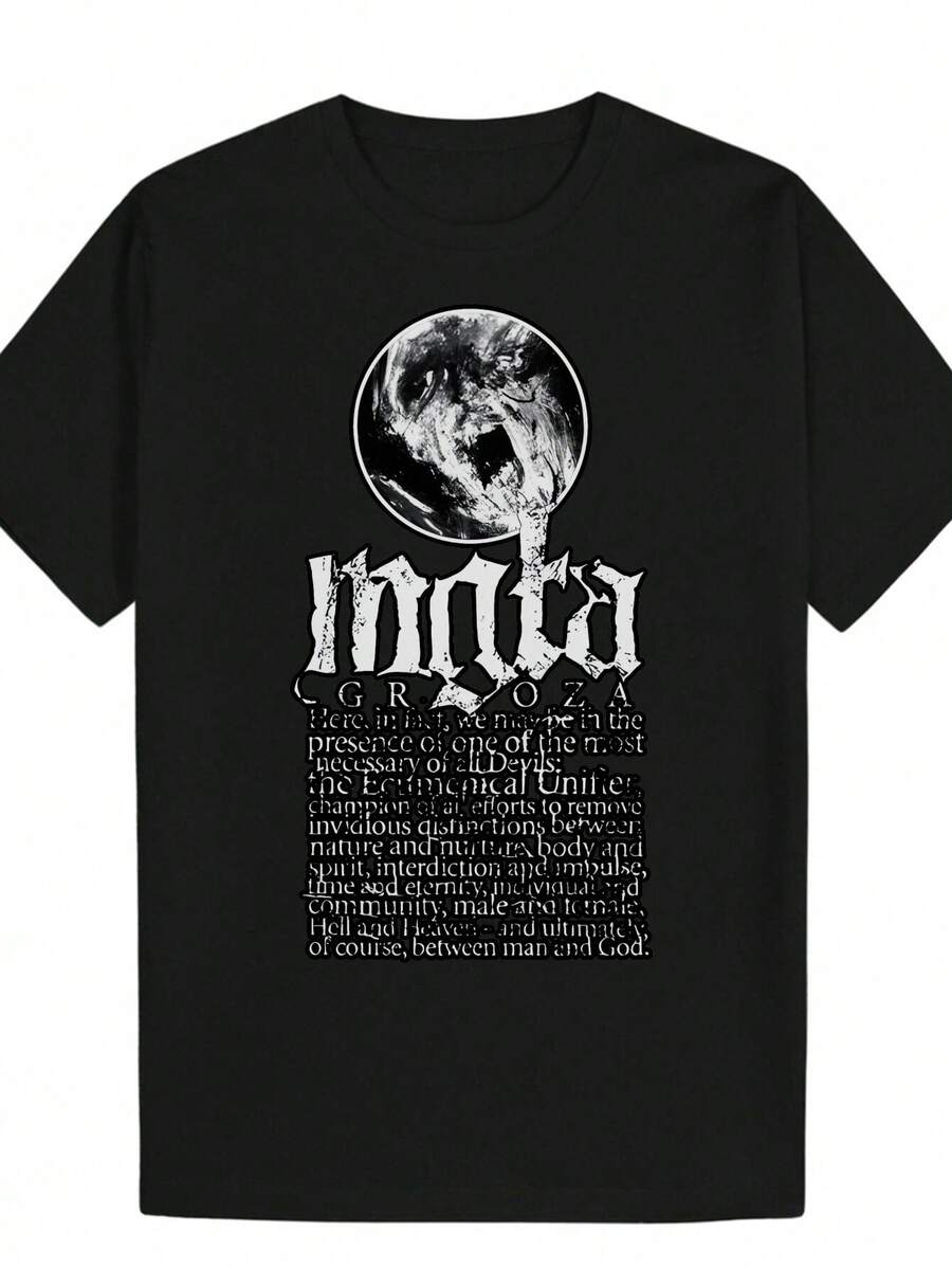 Camiseta Casual de Poliéster para Hombre con Estampado de Calavera Gótica y Letras. Cuello redondo. Manga corta. Ajuste Regular. Ropa de Verano. Negro. Camiseta gótica - Negro - Ver 1