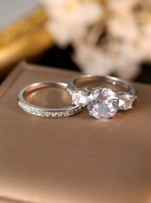 2pcs/Set Luxury Cubic Zirconia Ring Set, Sparkling Engagement Rings, High-End Women's Rings For Wedding, Party, Made Of Copper, Great Gift For Birthday, Valentine's Day - Silver - View 4