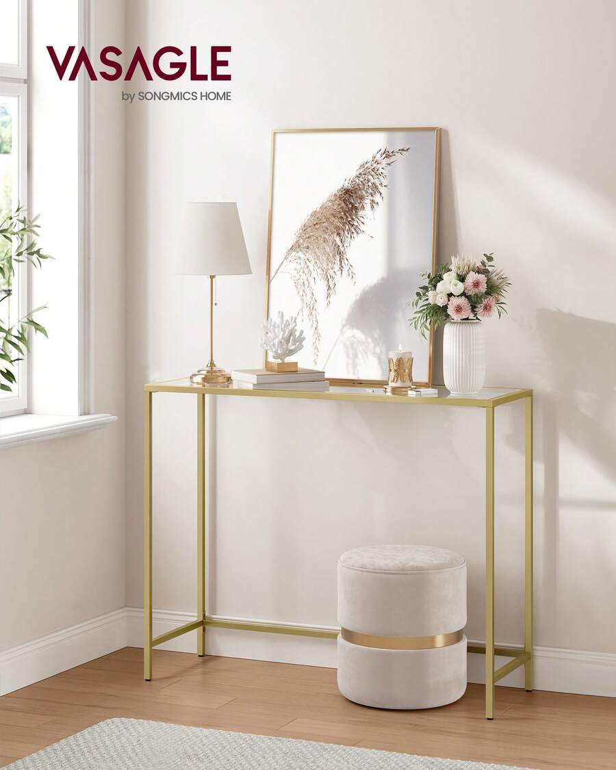 VASAGLE Console Table, Side Table, Tempered Glass Tabletop, Modern Sofa Table, Easy Assembly, With Adjustable Feet, For Living Room, Hallway, Gold And Transparent - Gold - View 1