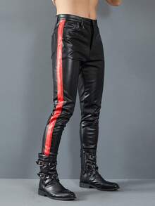 Idopy Men`S Motorcycle Slim Fit Five Pockets Stretchy Faux Leather PU Pants Concerts Party Night Club Rider Trousers With Strips - màu đen - Xem 3