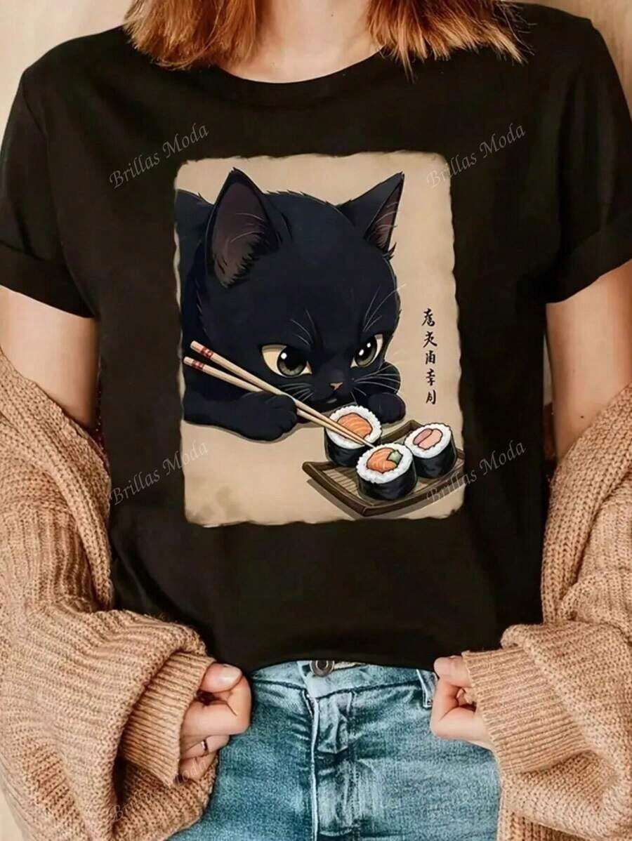 disfraz halloween hombrePlayera para mujer con estampado de Gato sushi cuello redondo de poliéster, manga corta, patrón de alfabeto, camiseta casual de verano para usar en casaplayera de hombretwilight - Negro - Ver 1