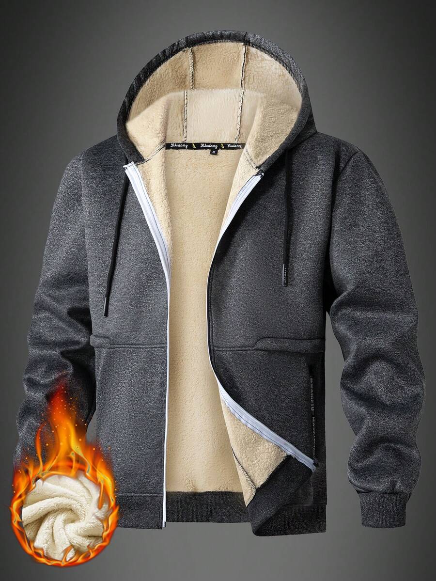 Men's Jacket With Thermal Lined, Hooded Sherpa Sweatshirt, Long Sleeve Tops - Dark Grey - View 1