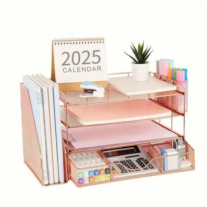 4-stöckiger Schreibtisch-Organizer mit Schubladen und 2 Stifthaltern für Büromaterial, Papierbriefschalen-Organizer mit Ordner