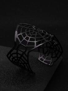 1 pièce Bracelet en métal lisse personnalisé et minimaliste à manchette ouverte exagérée, design de toile d'araignée creux rétro de niche, accessoire de bijoux d'Halloween - Noir - Voir 3