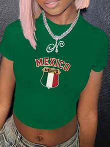 Mexico Shield Flag Colors Women's Fashion Short Sleeve T-Shirt, Y2K Clothes, Back To School Clothes, Vintage Clothes, Street Wear, Rock, Holiday, Vacation, Festival, Summer Tops - màu xanh lá - Xem 1