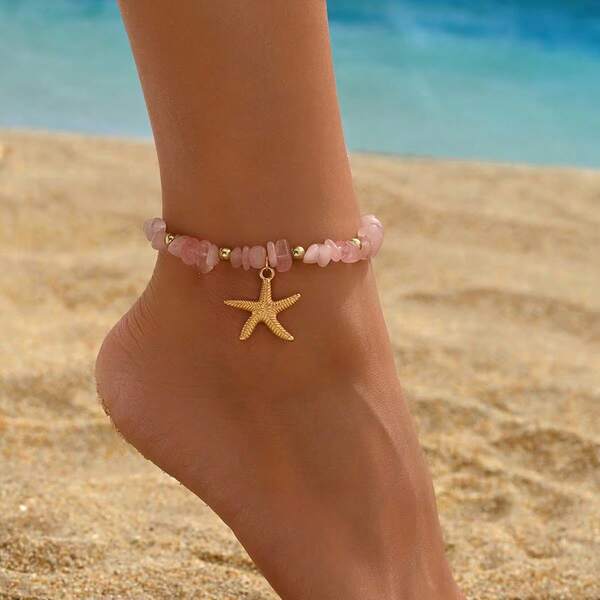1pc Summer Beach Vacation Style Pink Turquoise Anklet, Fashion Beaded Metal Starfish Pendant Foot Jewelry, Suitable For Women's Daily Outfit, Dinner Party And Beach Travel