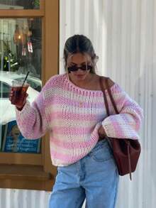 Women's Cute Casual Long Sleeve Off-Shoulder Sweater Striped Pink Knitted Sweater Top Pullover Homecoming Fall Winter Going Out Outfits Clothes Suitable For Daily Wear