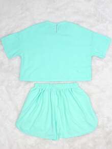 2-Pack Solid Color Mini Plaid Short-Sleeved Side Slit Wide-Leg Shorts Casual Thin Women's Pajamas Set Can Be Used At Home - Màu xanh Bạc hà - Xem 7