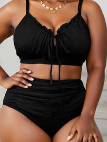 Slaydiva Conjunto de tankini de traje de baño con volantes en el borde, tirantes con cordón y unicolor para mujer de talla grande - Negro - Ver 5