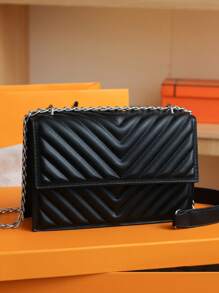 時尚高端鏈帶翻蓋包，女性用鑽石拼接設計 - 黑色 - 查看 12