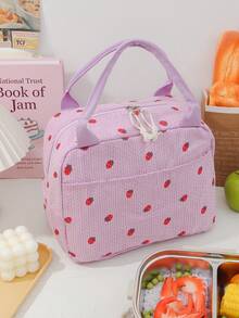1 Stück süße Erdbeermuster Lunch Tragetasche aus Cord, isolierte Lunch Box Tasche mit großem Fassungsvermögen, Bento Tasche mit Fächern, wasserdichte Kühltasche, multifunktionale isolierte Lunch Box, wiederverwendbare Kühltasche für Getränke, Picknicktasche - Verschiedenfarbig - Übersicht 4