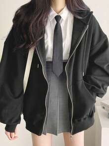 Solid Color Slim Fit Minimalist Loose Warm Lined Long Sleeve Sweatshirt, Suitable For Autumn/Winter - Black - View 2