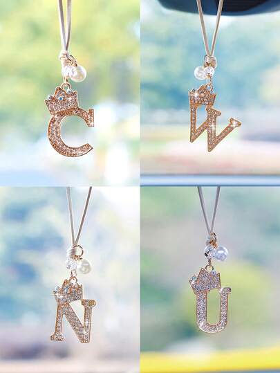 1件装汽车内饰挂件带钻石合金皇冠字母车内后视镜装饰车内装饰包包挂件