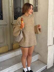 Women's Oversized Pullover Sweaters  Fall Winter Mock Neck Lantern Sleeve Crochet Casual Knitted Jumper Tops Solid Color Loose Blouse - 駝色 - 查看 2