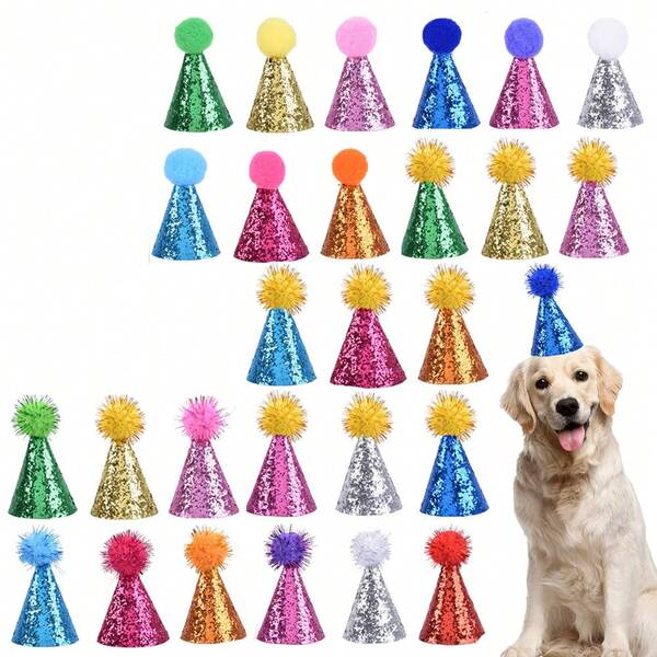 Sombrero de fiesta con pompones multicolor brillantes para gatos y perros, decoración de cumpleaños y fiestas para mascotas