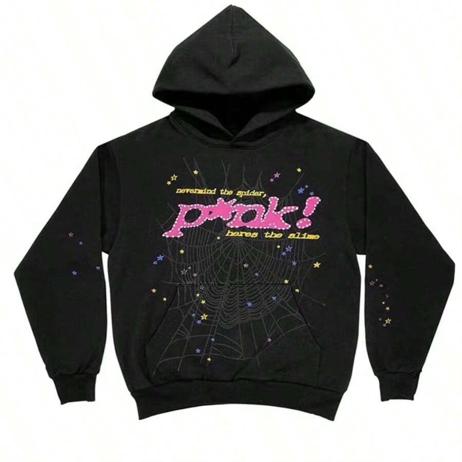 Men's Hip Hop Spider Web Pattern Letter Pattern Harajuku Retro Hoodie Long Sleeve And Pants  For Men And Women - 黑色上衣 - 查看 1