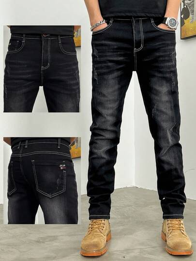 Men's Cat Scratch Textured Elastic Slim Fit Tapered Pocket Straight Leg Jeans, Loose Fit Long Style, Horseshoe Wash, Vintage Blue, Y2K Style, Suitable For Casual Outings With Friends