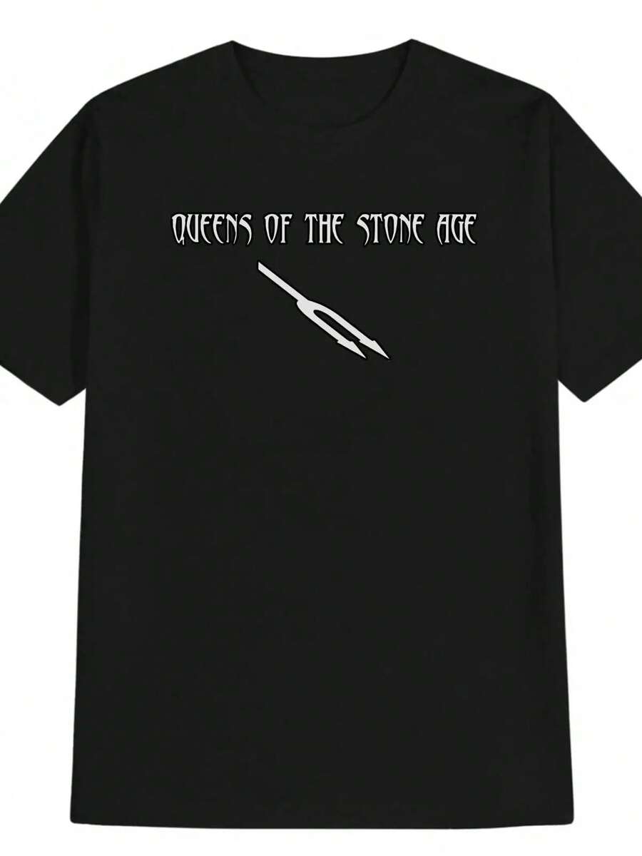 Men's Casual Crew Neck T-Shirt - "Queens Of The Stone Age" Graphic Tee, Black With White Print, Lightweight Polyester, Summer Essential For Men - màu đen - Xem 1