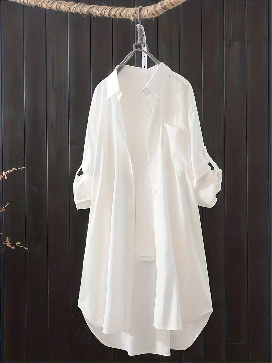 Casual Loose Oversized Shirt Linen Solid Long Shirts Korean Fashion Midi Shirts & Blouses Women Clothing Plus Size Tops - 白色 - 查看 1