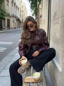 Manneqi Retro American Casual Chic Lapel Zipper Wine Red Leather Jacket Short Coat For Women - Burgundy - View 6