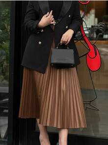 ZIAI Vestido de oficina plisado de cintura alta para mujer, vestido elegante de longitud media (sin cinturón)