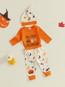 My First Halloween Baby Boy Outfit Letter Embroidery Long Sleeve Romper Pumpkin Pants And Hat 3Pcs Fall Clothes - Orange - View 8