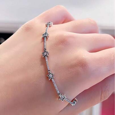 1 pieza Pulsera de plata de ley S925 con estrella de circonita cúbica y hueso de serpiente, joya de moda como regalo