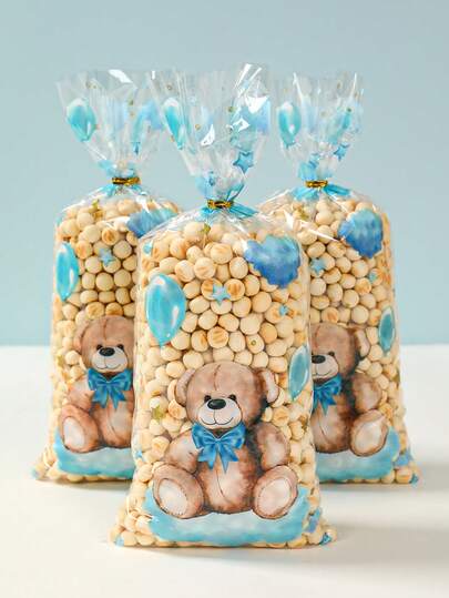 25/50pcs Blue Bear Transparent Gift Packaging Bags, Cute Blue Bear Pattern Transparent Gender Reveal Party Gift Packaging Supplies, 1st Birthday Gift Bags, Birthday Party Tabletop Candy Bags, Brown Bear Theme Party Gift Bags, Blue Bear Decor, Birthday Gifts, Party Favors